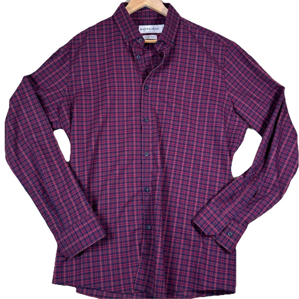 Mizzen + Main Flannel Button Down Shirt Mens XXL Red Plaid Trim Fit Long Sleeve‎